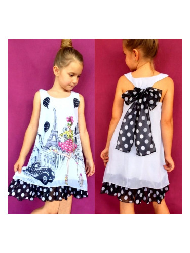 Детска лятна рокля в бяло с Париж и черни точки