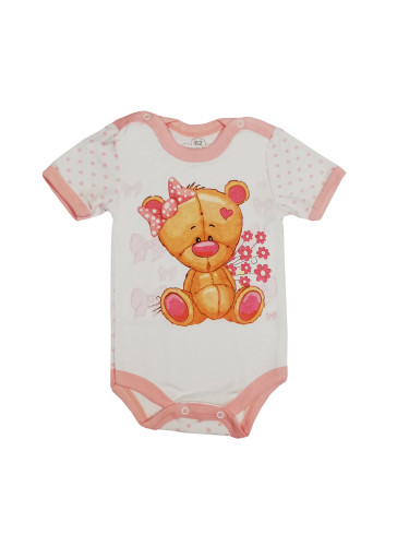 Бебешко боди с къс ръкав в бяло и розово с мече