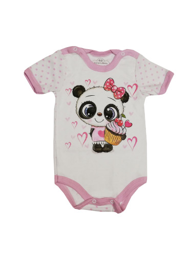 Бебешко боди с къс ръкав в бяло и розово с панда
