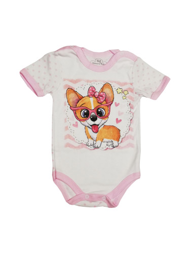 Бебешко боди с къс ръкав в бяло и розово с кученце