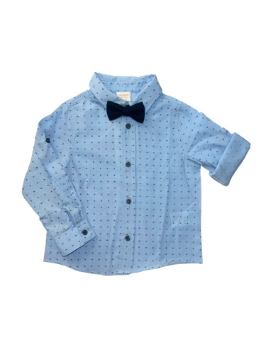  Детска риза с дълъг ръкав в синьо за момче и папийонка 