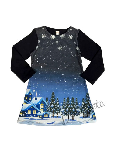 Коледна детска права рокля с дълъг ръкав в тъмносиньо зимна нощ