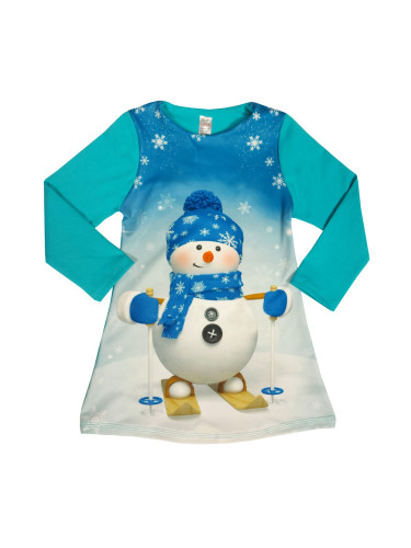 Коледна детска права рокля с дълъг ръкав със снежен човек