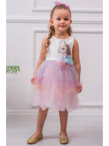 Детска рокля без ръкав с Пони/Еднорог в бяло с многоцветен тюл