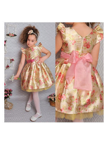 Официална детска рокля с къс ръкав в златисто на цветя с тюл и коланче