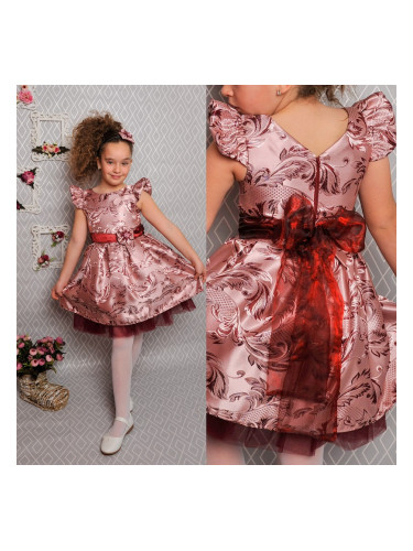 Официална детска рокля с къс ръкав в бордо на цветя с тюл и коланче 29
