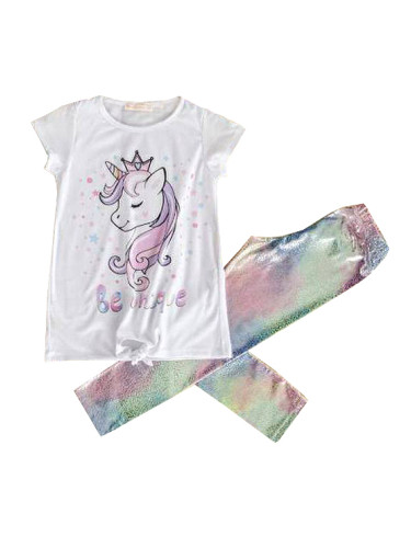 Летен детски комплект от 2 части блузка в бяло с еднорог и клин 822112