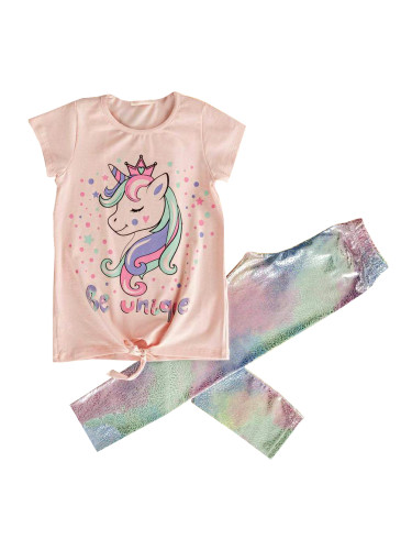 Летен детски комплект от 2 части блузка в прасковено с еднорог и клин 