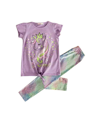 Летен детски комплект от 2 части блузка в лилаво с еднорог и клин 8221