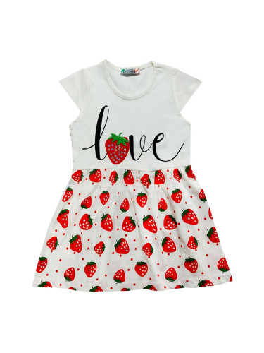 Детска лятна рокля в бяло с ягодки в червено и надпис