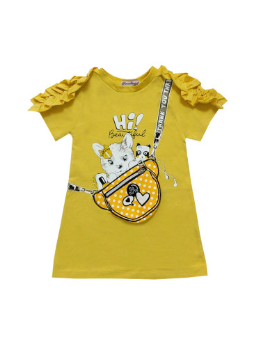 Детска рокля с къс ръкав в горчица с кученце 9236464