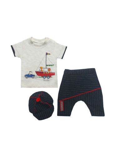 Комплект от 3 части с картинка на Мече и лодка с шапка и панталонки с 