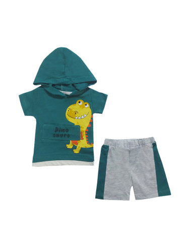 Комплект от 2 части тениска в зелено с Динозавър и сиви панталонки
