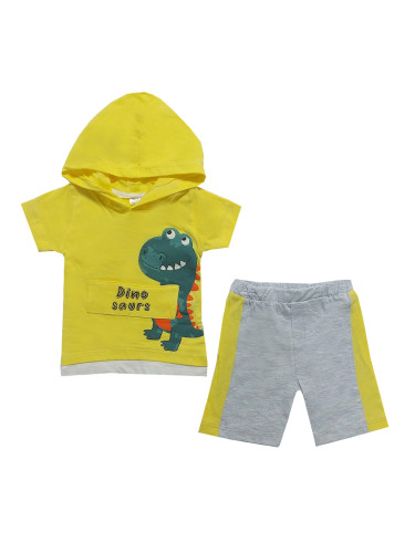 Комплект от 2 части тениска в жълто с Динозавър и сиви панталонки