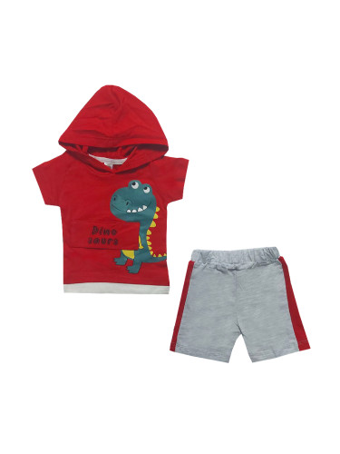 Комплект от 2 части тениска в червено с Динозавър и сиви панталонки