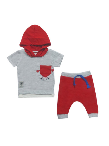 Комплект от 2 части тениска в сиво с джобче и панталонки в червено