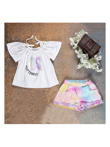 Детски комплект от блузка с къс ръкав в бяло и многоцветни панталонки