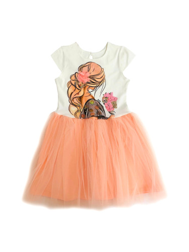 Детска рокля с къс ръкав с момиче и тюл в прасковено