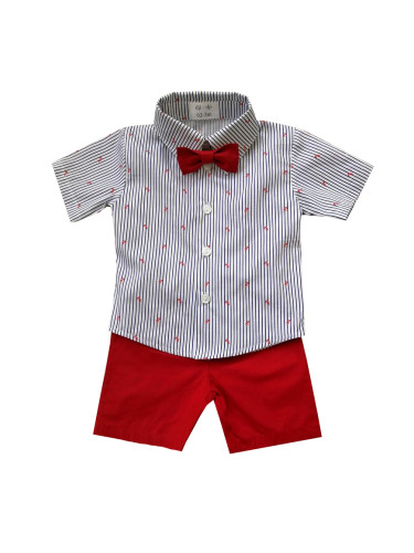 Бебешки комплект за момче от риза с къс ръкав и къси панталони в черве