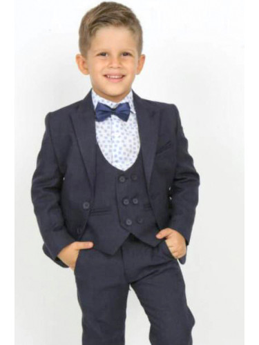 Елегантен костюм от панталон, риза, сако, елек и папийонка в тъмносинь