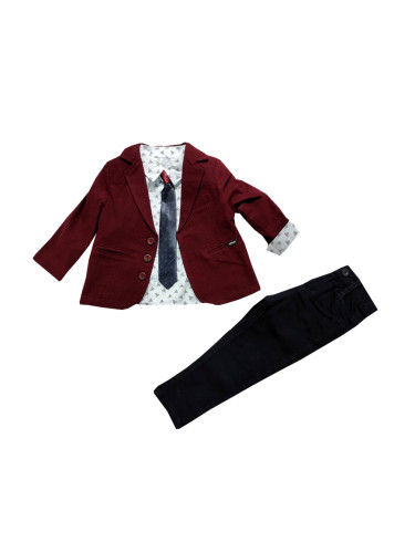 Елегантен костюм от панталон, риза, сако в бордо и вратовръзка