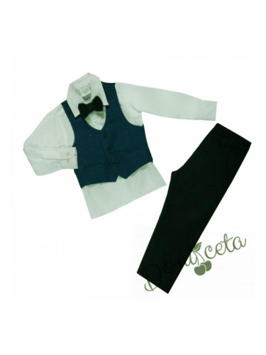 Официален костюм момче от елек в тъмнозелено, риза в бяло, панталон и 