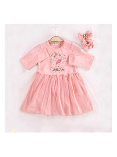 Детска рокля с дълъг ръкав в розово с Пони/Еднорог и ластик за коса