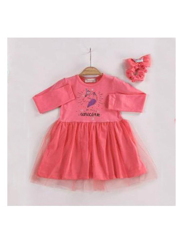 Детска рокля с дълъг ръкав в циклама с Пони/Еднорог и ластик за коса