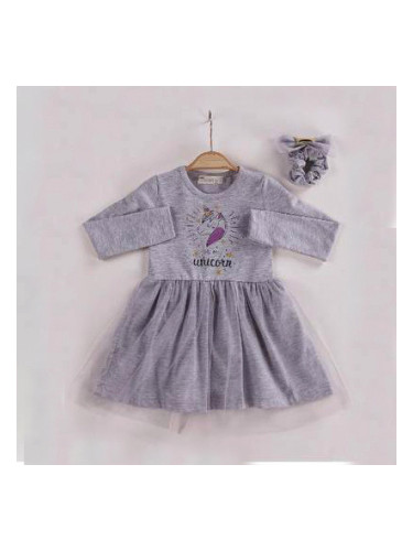 Детска рокля с дълъг ръкав в сиво с Пони/Еднорог и ластик за коса