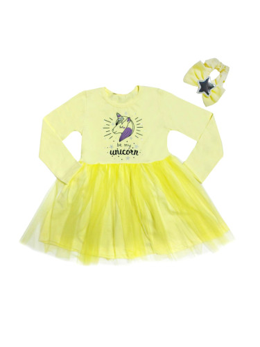 Детска рокля с дълъг ръкав в жълто с Пони/Еднорог и ластик за коса