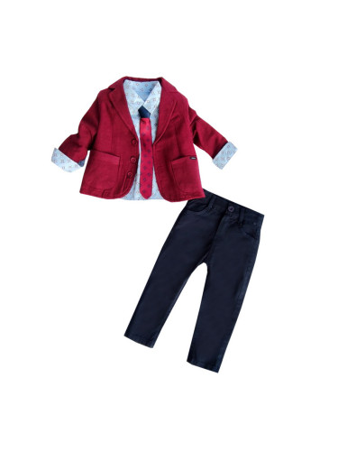 Елегантен костюм от панталон в тъмносиньо, риза, сако в бордо и вратов