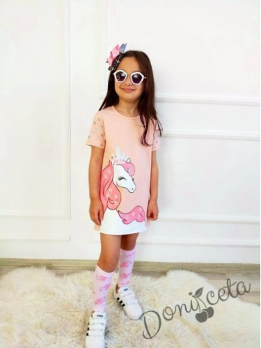 Детска рокля с къс ръкав в прасковено с Пони и гети