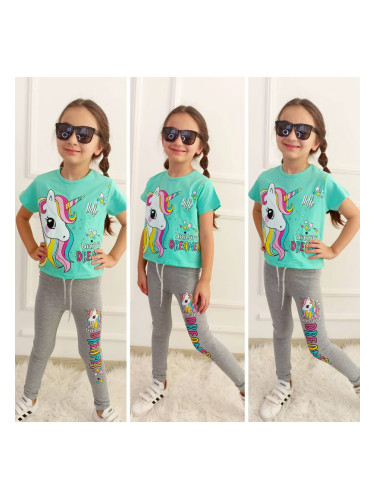 Комплект от тениска в тюркоаз с Еднорог и панталонки в сиво с надпис