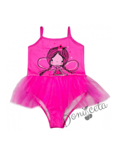 Детски цял бански в циклама с тюл