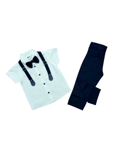 Комплект от риза в бяло, панталон в тъмносиньо, папийонка и тиранти