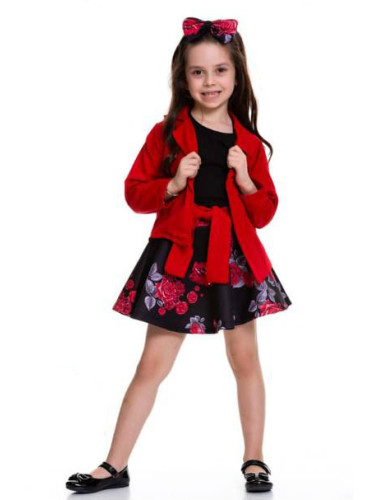 Детски комплект от тениска, пола, сако в червено и диадема