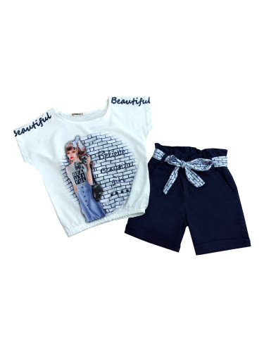 Комплект за момиче от тениска в бяло и къси панталони в тъмносиньо