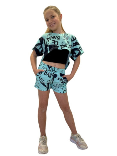 Детски комплект от къси панталонки в тюркоаз/мента, къса тениска и бюс