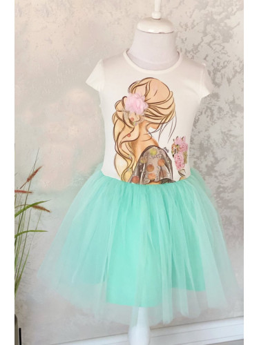 Детска рокля с къс ръкав в бяло с момиче и тюл в тюркоаз/мента 965787