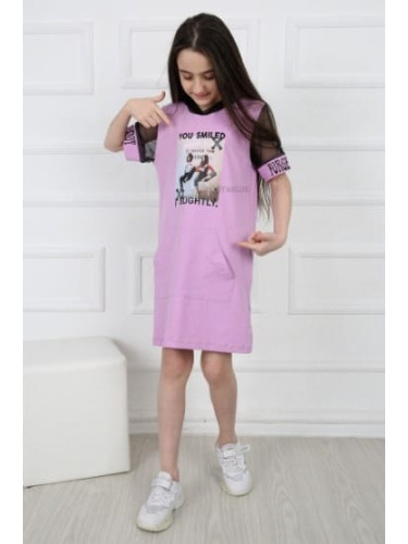 Детска рокля с къс ръкав и качулка в лилаво 4576334