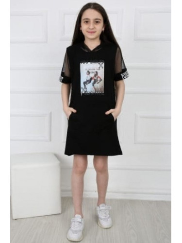 Детска рокля с къс ръкав и качулка в черно 4436332
