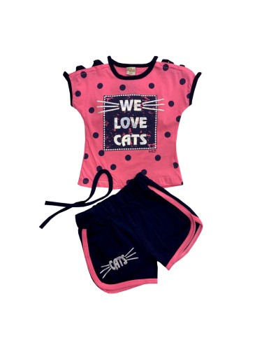 Комплект за момиче от тениска в циклама и къси панталони в тъмносиньо