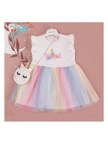 Детска рокля с къс ръкав с Пони/Еднорог и многоцветен тюл и чантичка 