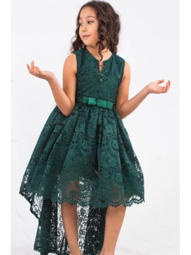 Официална детска рокля в зелено от дантела с шлейф и цвете за коса