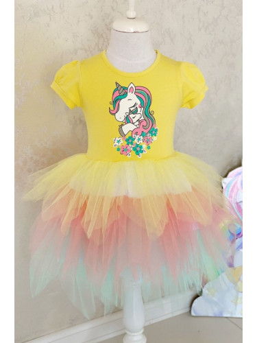 Детска рокля с къс ръкав с Пони/Еднорог в жълто и многоцветен тюл 