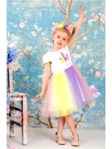 Детска рокля с къс ръкав с Пони/Еднорог в бяло с многоцветен тюл 49658