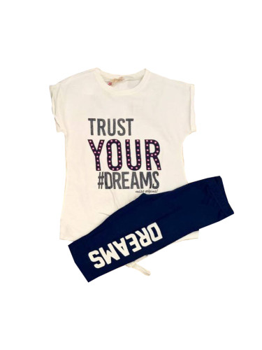 Комплект за момиче от тениска в бяло и къс клин в тъмносиньо