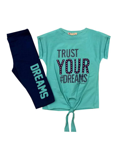 Комплект за момиче от тениска в тюркоаз/мента и къс клин в тъмносиньо