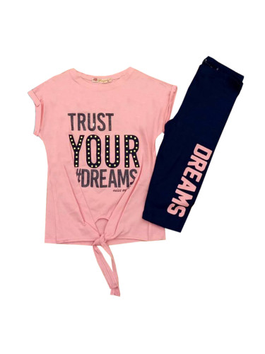 Комплект за момиче от тениска в розово и къс клин в тъмносиньо