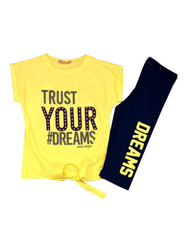 Комплект за момиче от тениска в жълто и къс клин в тъмносиньо